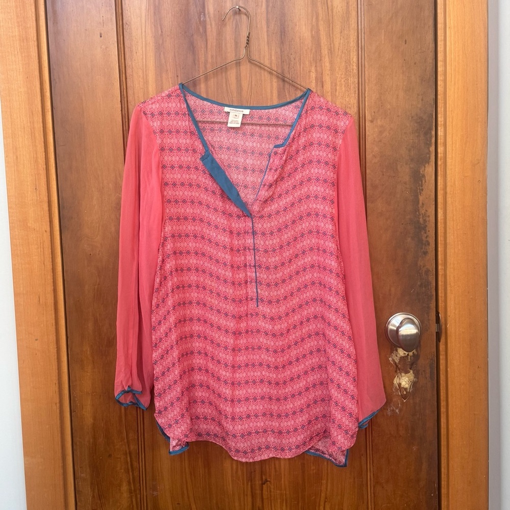 Sundance 100% Silk Tunic pink patterned with blue trim (M)